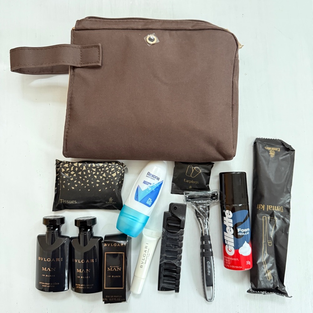 New Bulgari Business Class travel amenity zip-up pouch for Emirates